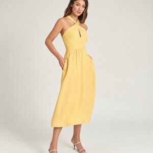 REISS Yellow Orla Halter Neck Midi Dress Crossover Neck Keyhole Pastel Size 6